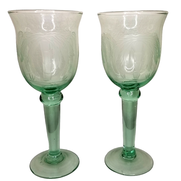 Hand Crafted Other - Palm Tree Etched Sage Green Blown Glass Wine Chalice Goblet 16oz Set of 2